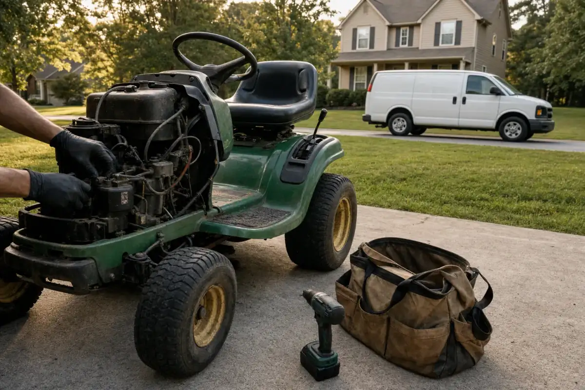 Gloved hands in the open engine of a riding mower on a driveway, with a plain white van parked behind